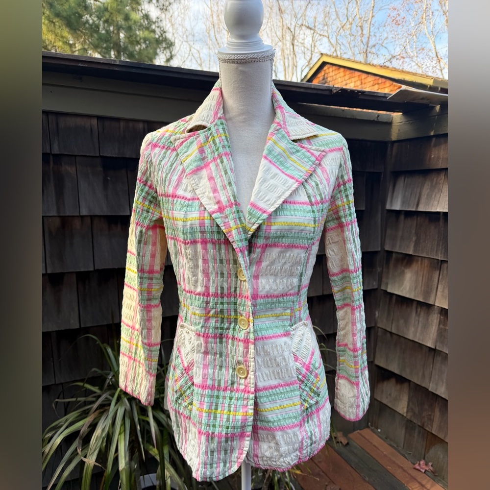 Vintage 70s plaid blazer jacket pastels colors seersucker fabric Small JC Penney